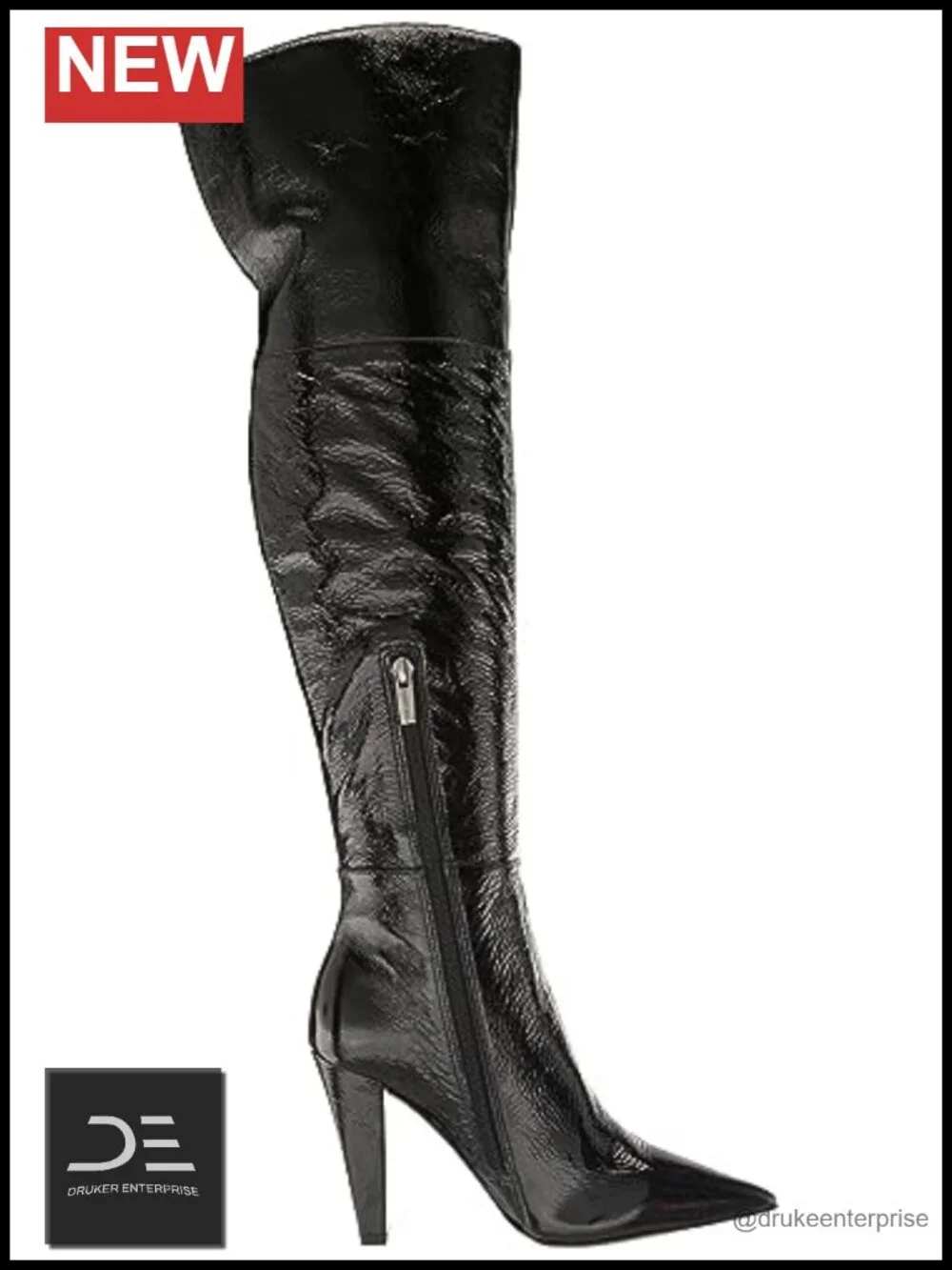 Leather Over-the-Knee Bootie with Zipper Closure Pointed Toe Flare Heel